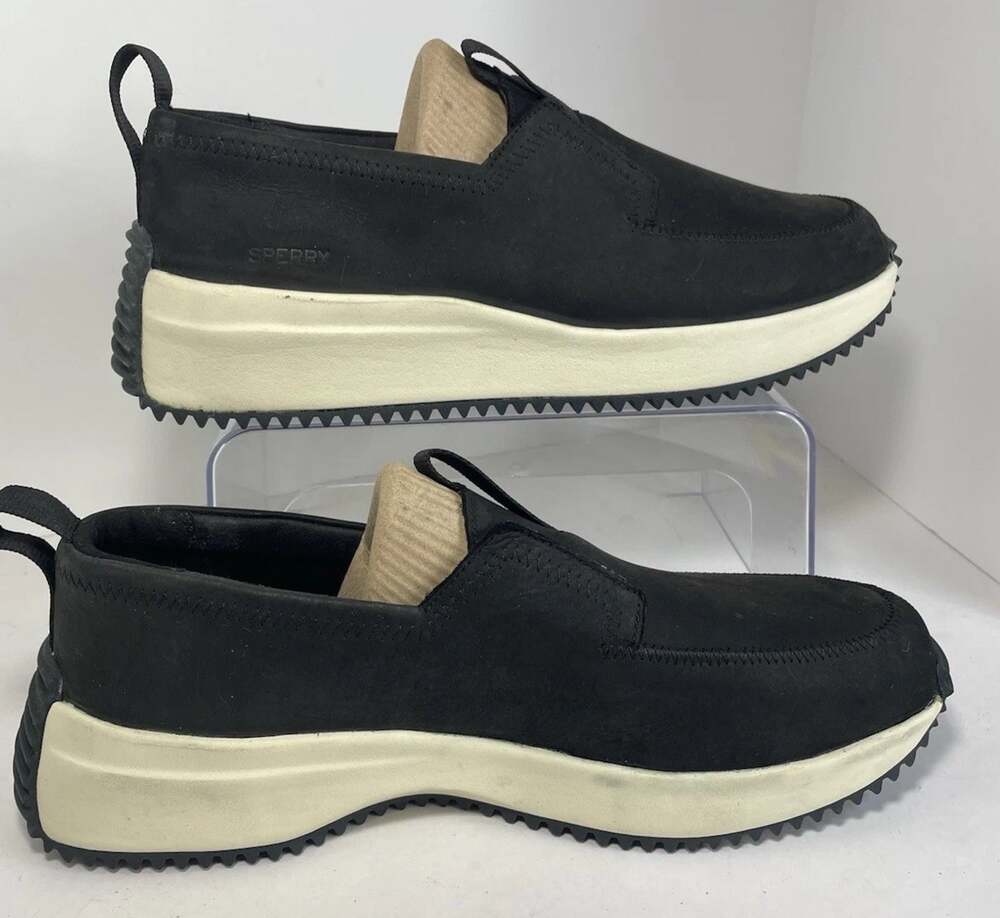 Sperry Leather Top-Sider Boat Runner Men's 12W Slip-On Sneakers Black/Cream EUC